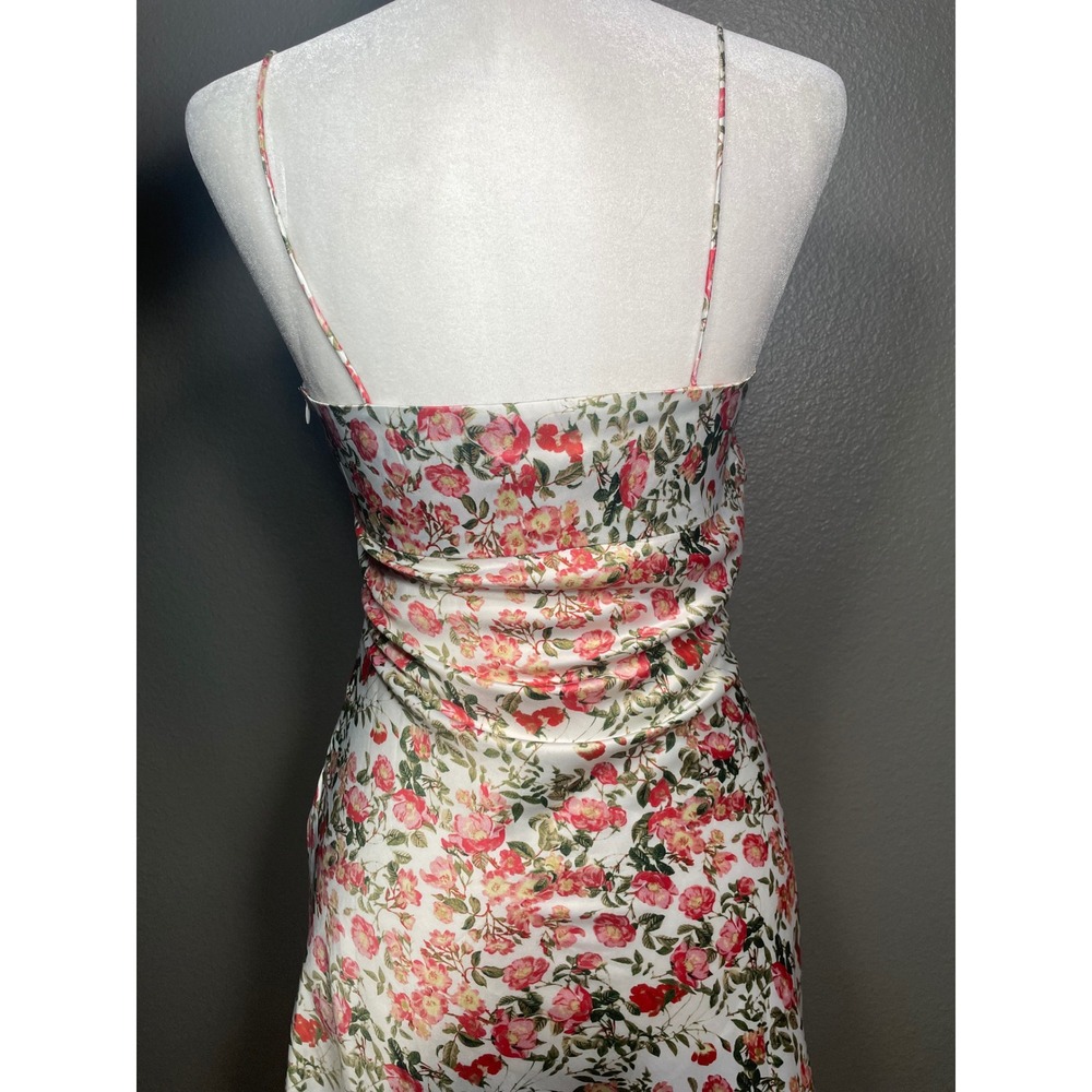 AQUA Floral Satin Slip Dress XS Pink Red Rose Print Ruched Mini Spaghetti Strap - Picture 9 of 9